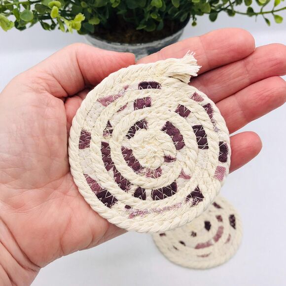 Rope Car Coasters Boho Purple Polka Dots One Set of 2 For Car Cup Holders - Picture 3 of 4